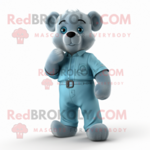 Cyan Teddy Bear mascot costume character dressed with a Overalls and Ties