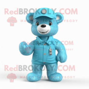 Cyan Teddy Bear mascot costume character dressed with a Overalls and Ties