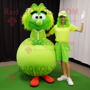 Lime Green Golf Ball mascot costume character dressed with a Dress Pants and Hair clips