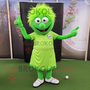 Lime Green Golf Ball mascot costume character dressed with a Dress Pants and Hair clips