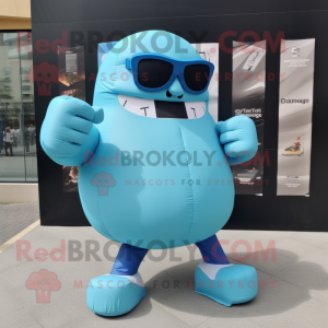 Sky Blue Boxing Glove mascot costume character dressed with a A-Line Skirt and Sunglasses