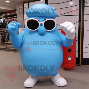Sky Blue Boxing Glove mascot costume character dressed with a A-Line Skirt and Sunglasses