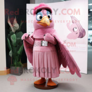 Pink Woodpecker mascot costume character dressed with a Wrap Dress and Shawl pins