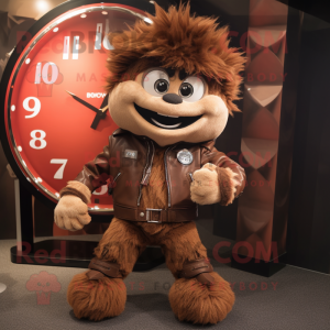 Brown Wrist Watch mascot costume character dressed with a Moto Jacket and Hairpins