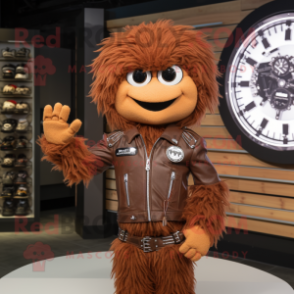 Brown Wrist Watch mascot costume character dressed with a Moto Jacket and Hairpins