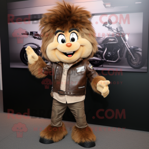 Brown Wrist Watch mascot costume character dressed with a Moto Jacket and Hairpins