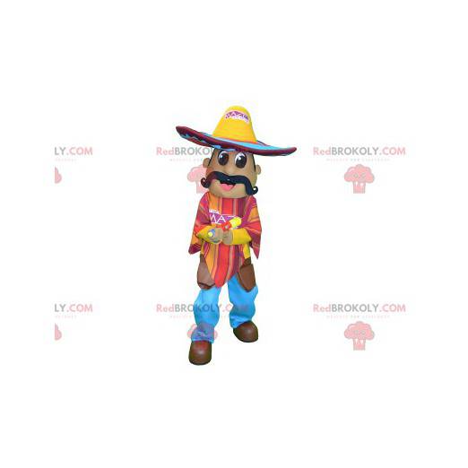Mascote mexicano de bigode com chapéu e poncho - Redbrokoly.com