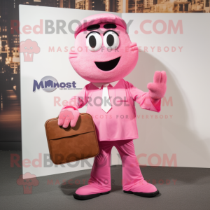 Pink Moussaka mascot costume character dressed with a Dress Shirt and Messenger bags