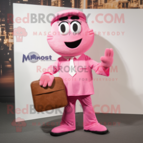 Pink Moussaka mascot costume character dressed with a Dress Shirt and Messenger bags