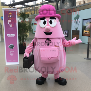 Pink Moussaka mascot costume character dressed with a Dress Shirt and Messenger bags