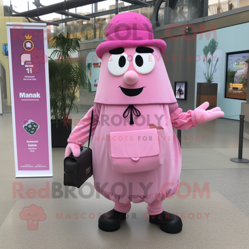 Pink Moussaka mascot costume character dressed with a Dress Shirt and Messenger bags Pink Moussaka mascot costume character dressed with a Dress Shirt and Messenger bags