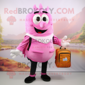 Pink Moussaka mascot costume character dressed with a Dress Shirt and Messenger bags