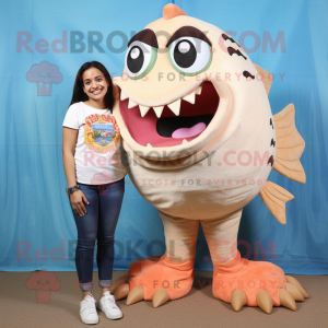 Cream Piranha mascot costume character dressed with a Mom Jeans and Anklets