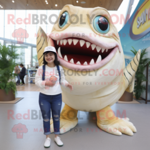 Cream Piranha mascot costume character dressed with a Mom Jeans and Anklets