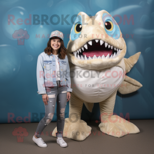 Cream Piranha mascot costume character dressed with a Mom Jeans and Anklets