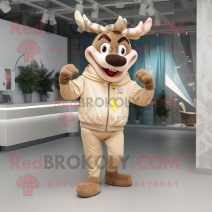 Beige Reindeer mascot costume character dressed with a Windbreaker and Rings