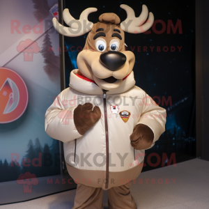 Beige Reindeer mascot costume character dressed with a Windbreaker and Rings