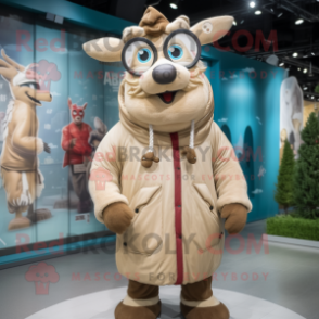 Beige Reindeer mascot costume character dressed with a Windbreaker and Rings