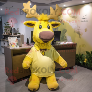 Yellow Moose mascot costume character dressed with a Dress and Hair clips