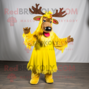 Yellow Moose mascot costume character dressed with a Dress and Hair clips