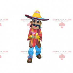 Mascota mexicana bigotuda con un poncho y un sombrero -