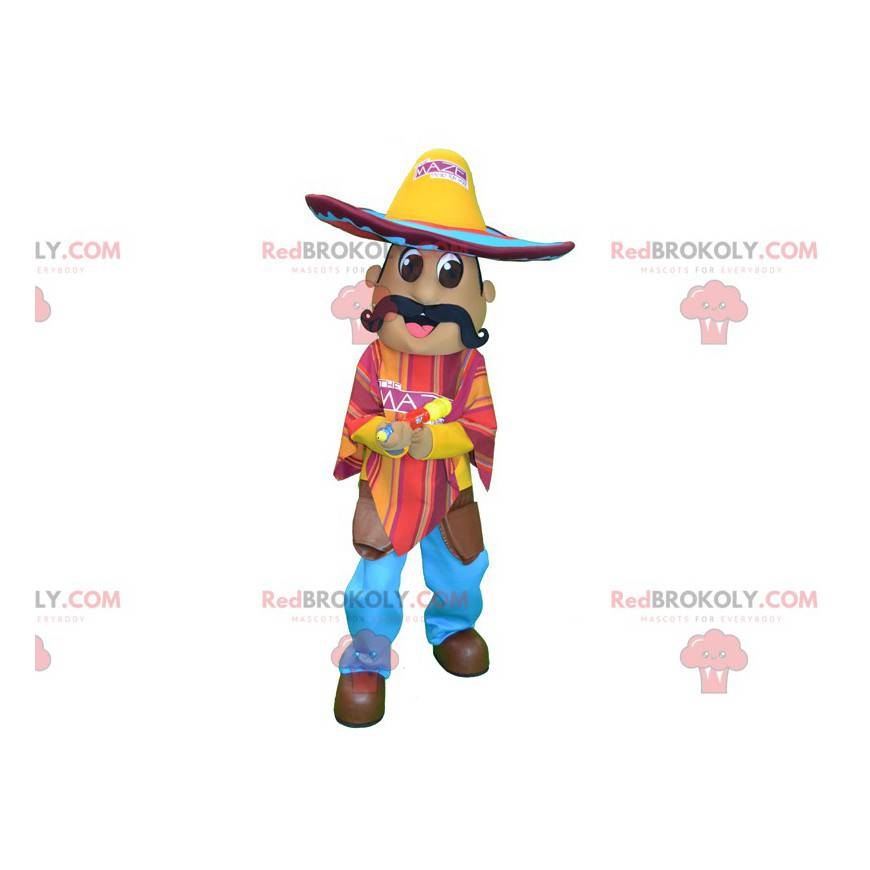 Mascota mexicana bigotuda con un poncho y un sombrero -