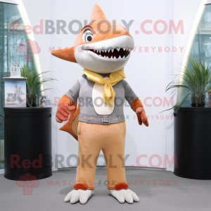 Peach Shark mascot costume character dressed with a Trousers and Clutch bags