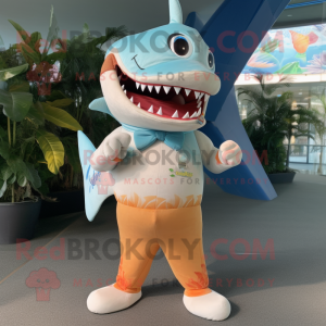 Peach Shark mascot costume character dressed with a Trousers and Clutch bags