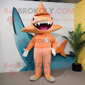 Peach Shark mascot costume character dressed with a Trousers and Clutch bags