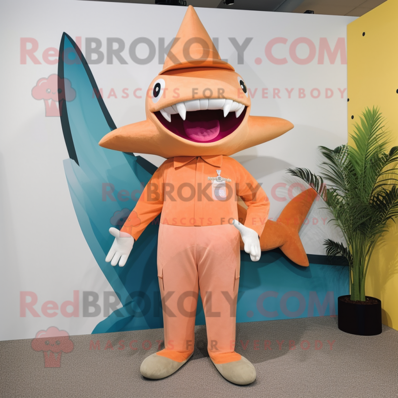 Peach Shark mascot costume character dressed with a Trousers and Clutch bags Peach Shark mascot costume character dressed with a Trousers and Clutch bags