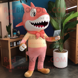 Peach Shark mascot costume character dressed with a Trousers and Clutch bags