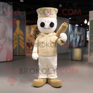 Cream Army Soldier mascot costume character dressed with a Flare Jeans and Hairpins