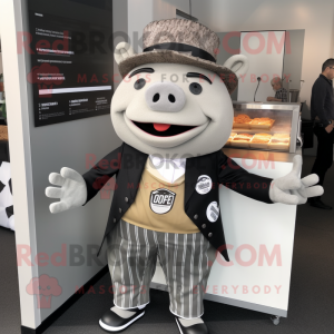 Silver Pulled Pork Sandwich mascot costume character dressed with a Suit Pants and Pocket squares