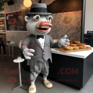 Silver Pulled Pork Sandwich mascot costume character dressed with a Suit Pants and Pocket squares