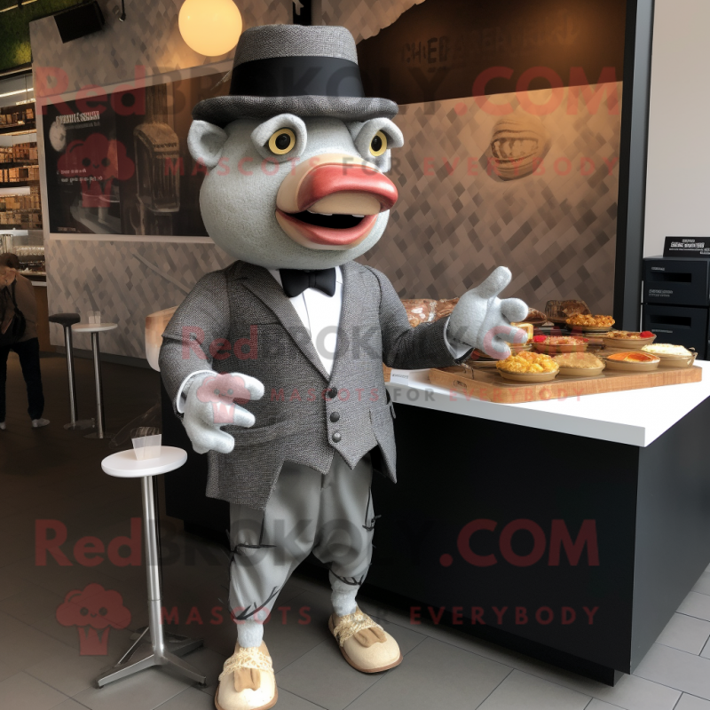 Silver Pulled Pork Sandwich mascot costume character dressed with a Suit Pants and Pocket squares Silver Pulled Pork Sandwich mascot costume character dressed with a Suit Pants and Pocket squares