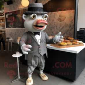 Silver Pulled Pork Sandwich mascot costume character dressed with a Suit Pants and Pocket squares