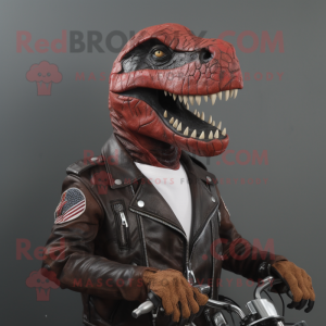 Rust Allosaurus mascot costume character dressed with a Biker Jacket and Tie pins