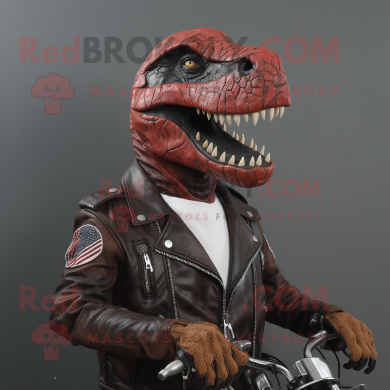 Rust Allosaurus mascot costume character dressed with a Biker Jacket and Tie pins Rust Allosaurus mascot costume character dressed with a Biker Jacket and Tie pins