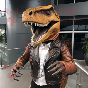 Rust Allosaurus mascot costume character dressed with a Biker Jacket and Tie pins