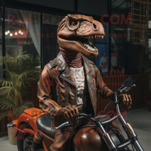 Rust Allosaurus mascot costume character dressed with a Biker Jacket and Tie pins