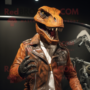 Rust Allosaurus mascot costume character dressed with a Biker Jacket and Tie pins