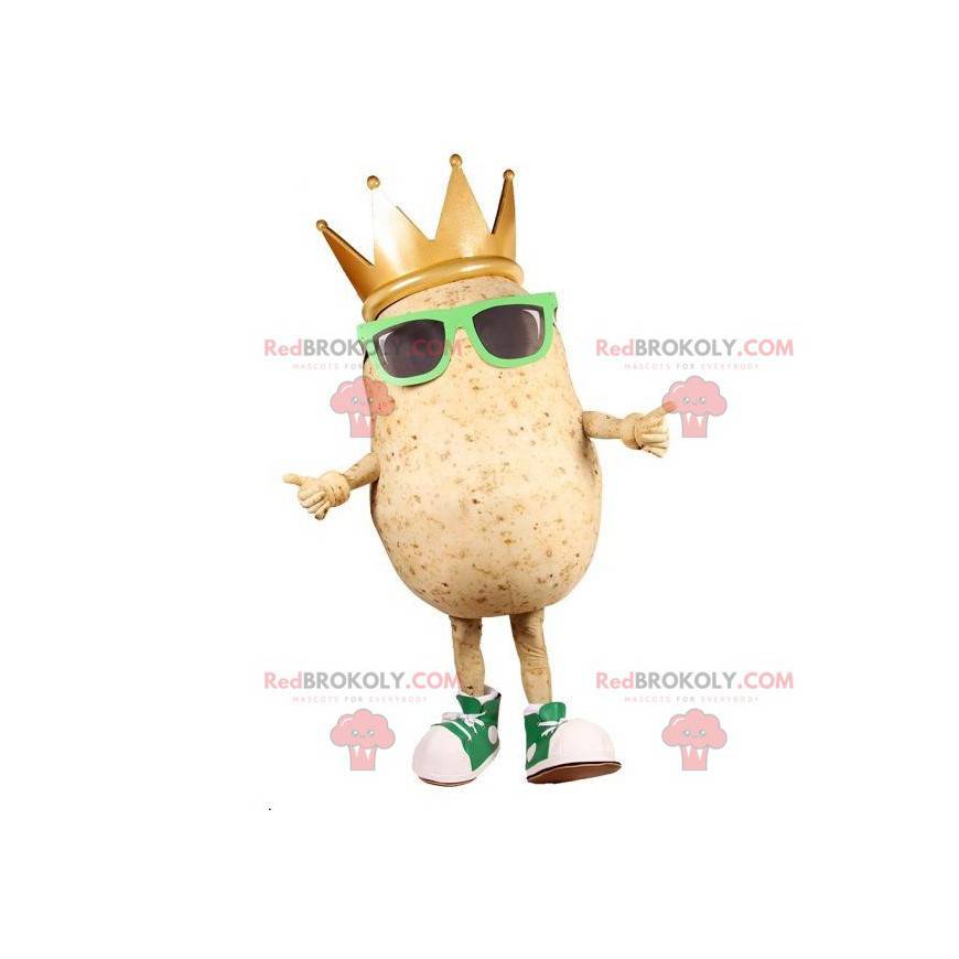 Mascote gigante da batata com óculos e uma coroa -