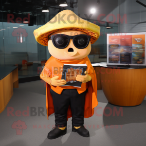 Orange Tacos mascot costume character dressed with a Leather Jacket and Reading glasses