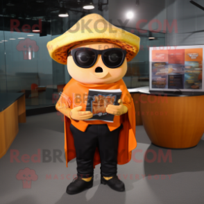 Orange Tacos mascot costume character dressed with a Leather Jacket and Reading glasses