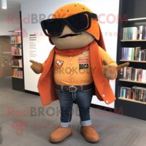 Orange Tacos mascot costume character dressed with a Leather Jacket and Reading glasses