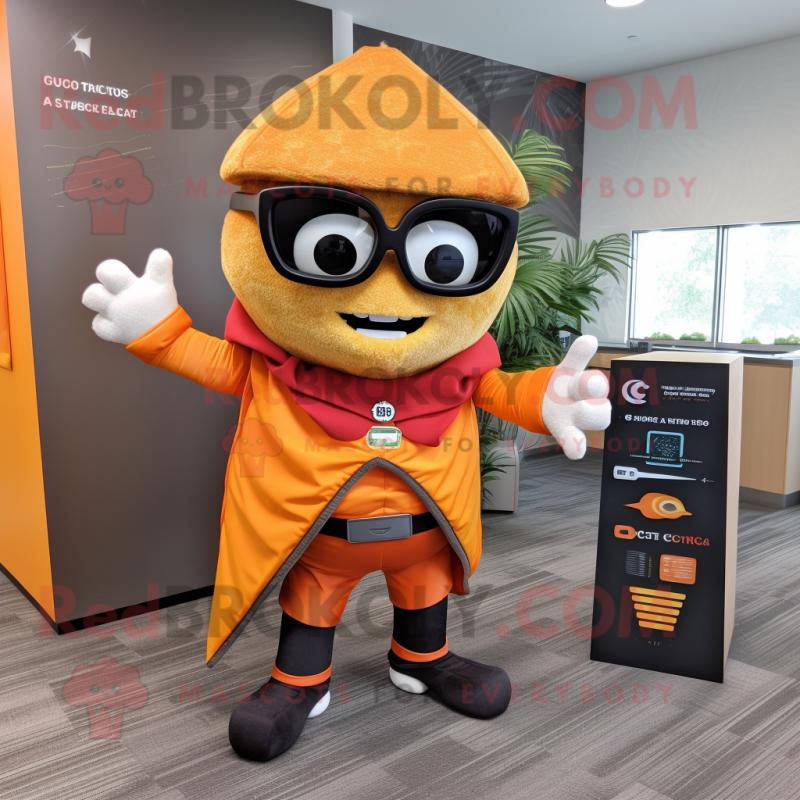 Orange Tacos mascot costume character dressed with a Leather Jacket and Reading glasses