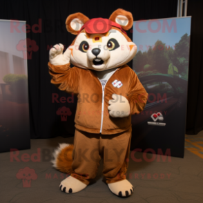 Tan Red Panda mascot costume character dressed with a Long Sleeve Tee and Beanies