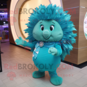 Turquoise Hedgehog mascot costume character dressed with a Circle Skirt and Watches