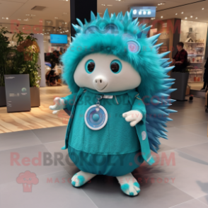 Turquoise Hedgehog mascot costume character dressed with a Circle Skirt and Watches