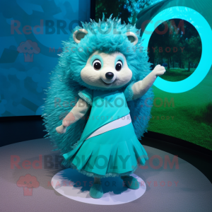 Turquoise Hedgehog mascot costume character dressed with a Circle Skirt and Watches